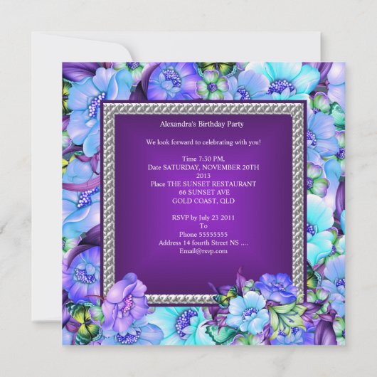 甘い16紫エレガントのシルバージュエルフラワー 招待状 (裏面)