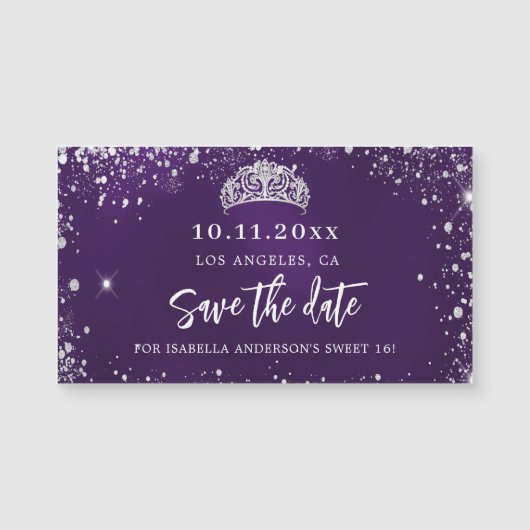 甘い16紫色のシルバーティアラは日付の磁石を保存する (正面)