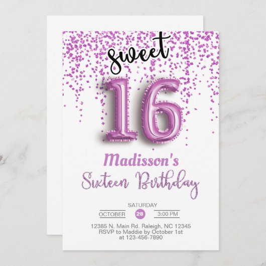 甘い16紫色のバルーンの誕生日招待状。 招待状 (正面/裏面)