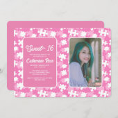 甘い16紫色のピンクと白のパズル写真 招待状 (正面/裏面)