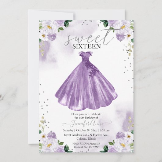 甘い16紫色の水色の花のドレス 招待状 (正面)