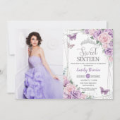 甘い16紫薄紫ピンクフローラ蝶の写真 招待状 (正面)