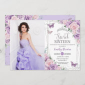 甘い16紫薄紫ピンクフローラ蝶の写真 招待状 (正面/裏面)