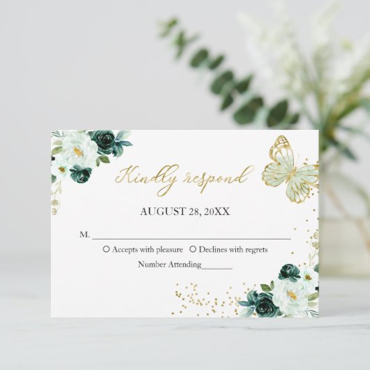 甘い16緑のフローラ蝶RSVPエンクロージャ 招待状 (スタンド正面)