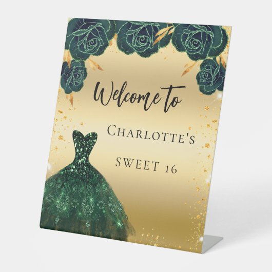 甘い16緑の金ゴールドドレスの花へようこそ 台座サイン (正面)