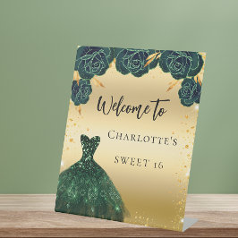 甘い16緑の金ゴールドドレスの花へようこそ 台座サイン