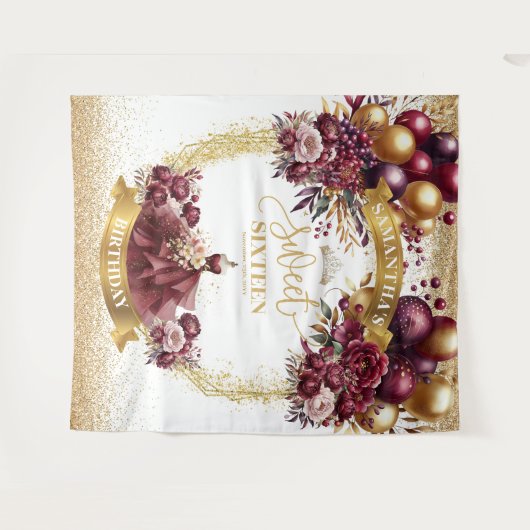 甘い16背景バーガンディードレス金ゴールドバルーンスパ タペストリー (正面(横))