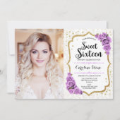 甘い16誕生日と写真 – 金ゴールドホワイトパープル 招待状 (正面)