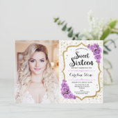 甘い16誕生日と写真 – 金ゴールドホワイトパープル 招待状 (スタンド正面)