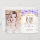 甘い16誕生日と写真 – 金ゴールド紫フローラ 招待状 (正面)