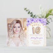 甘い16誕生日と写真 – 金ゴールド紫フローラ 招待状 (スタンド正面)
