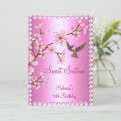 甘い16誕生日アジアンピンクパールフラワーバード 招待状 (スタンド正面)