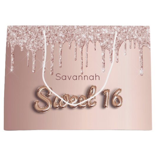 甘い16誕生日カスタム写真バラ金ゴールドグリッター ラージペーパーバッグ (正面)