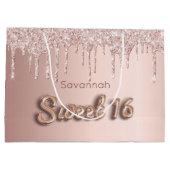 甘い16誕生日カスタム写真バラ金ゴールドグリッター ラージペーパーバッグ (裏面)