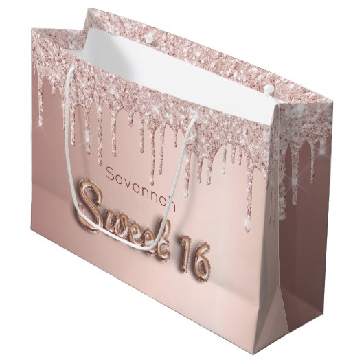 甘い16誕生日カスタム写真バラ金ゴールドグリッター ラージペーパーバッグ (正面アングル)