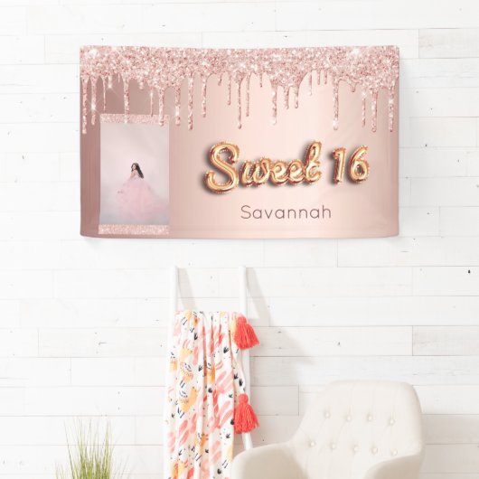 甘い16誕生日カスタム写真バラ金ゴールドグリッター 横断幕 (インサイチュ)