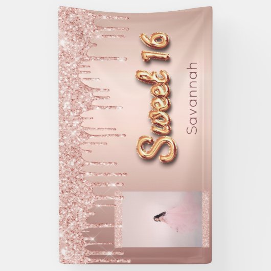 甘い16誕生日カスタム写真バラ金ゴールドグリッター 横断幕 (縦)