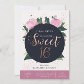 甘い16誕生日カード。金ゴールドとピンクフローラ 招待状 (正面)