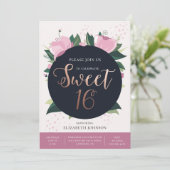 甘い16誕生日カード。金ゴールドとピンクフローラ 招待状 (スタンド正面)