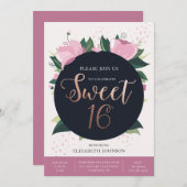 甘い16誕生日カード。金ゴールドとピンクフローラ 招待状 (正面/裏面)