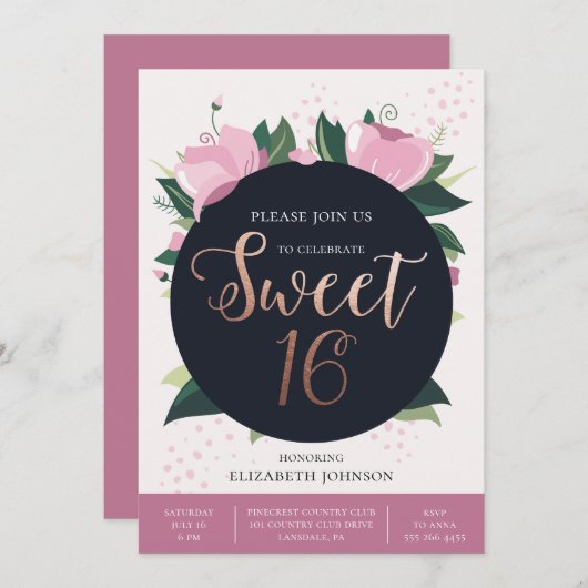 甘い16誕生日カード。金ゴールドとピンクフローラ 招待状 (正面/裏面)