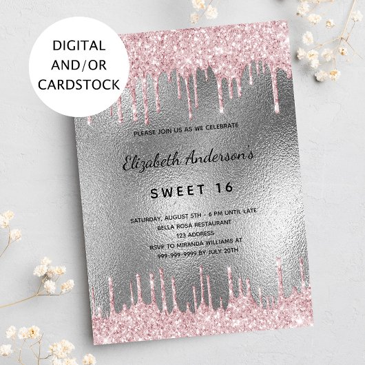 甘い16誕生日シルバーグリッターは金属ピンクを乾燥 招待状
