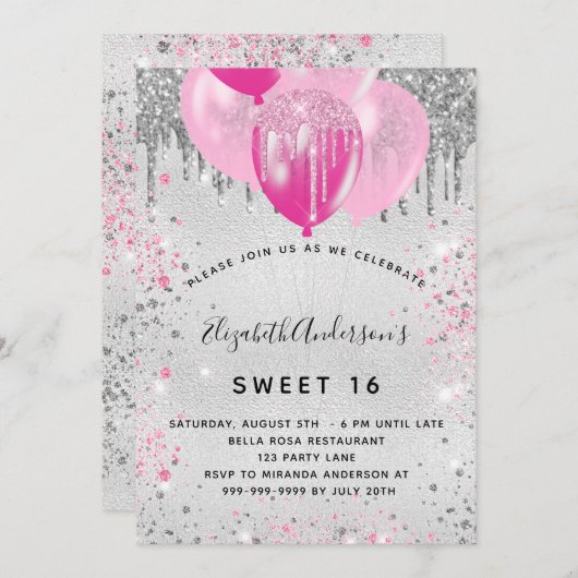 甘い16誕生日シルバーピンクのグリッターダスト 招待状 (正面/裏面)
