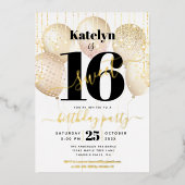 甘い16誕生日スクリプトバルーン白実在金ゴールド 箔招待状 (正面)