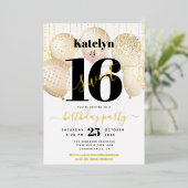 甘い16誕生日スクリプトバルーン白実在金ゴールド 箔招待状 (立ち正面)