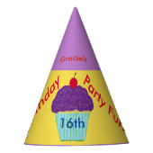 甘い16誕生日ハットパープルカップケーキ任意の年齢を編集 パーティーハット (正面)