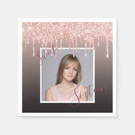甘い16誕生日バラ金ゴールドグリッター銅写真 スタンダードカクテルナプキン (正面)