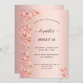 甘い16誕生日バラ金ゴールドピンク花模様 招待状 (正面/裏面)