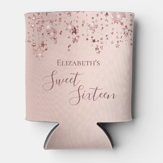 甘い16誕生日バラ金ゴールド光沢のある星のキラキラ 缶クーラー (正面)