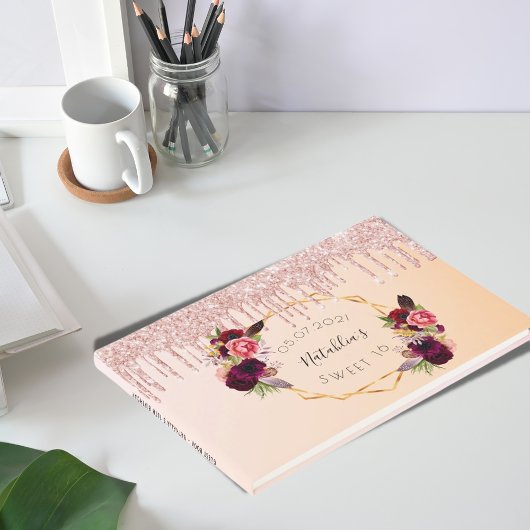 甘い16誕生日バラ金ゴールド幾何学的グリッタードリップ ゲストブック