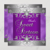 甘い16誕生日パーティパープルシルバーダイヤモンド 招待状 (正面/裏面)