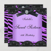 甘い16誕生日パーティパープルブラックゼブラ 招待状 (正面/裏面)