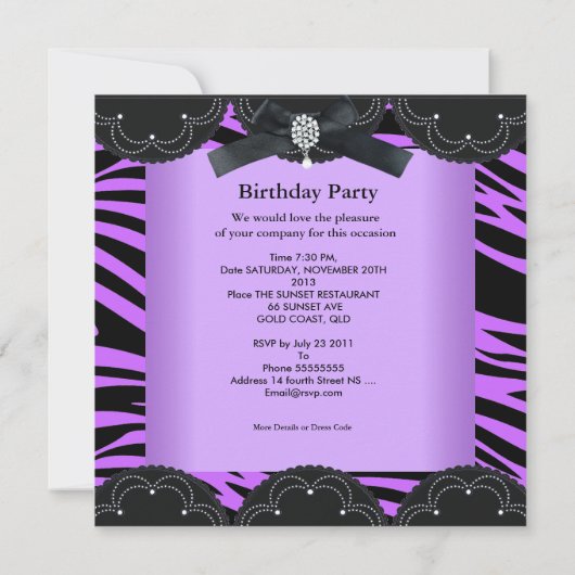 甘い16誕生日パーティパープルブラックゼブラ 招待状 (裏面)