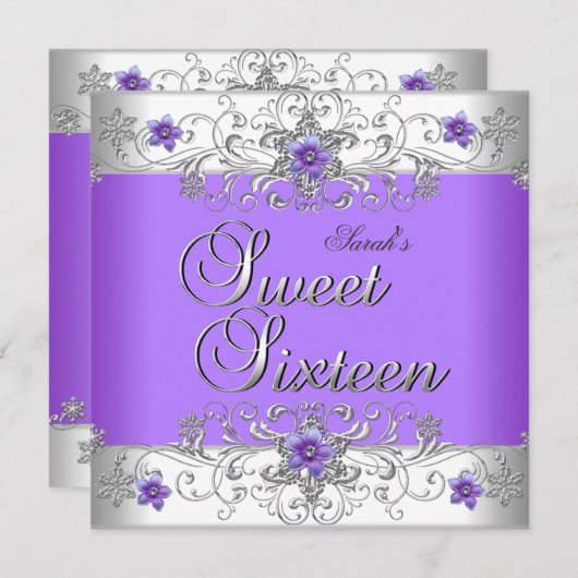 甘い16誕生日パーティパープルホワイトダイヤモンド 招待状 (正面/裏面)