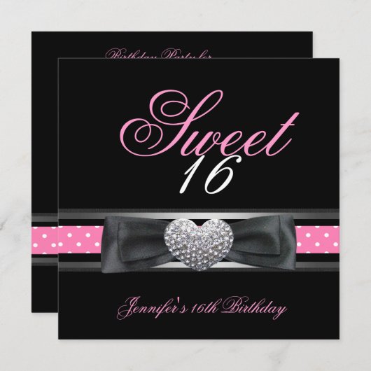 甘い16誕生日パーティブラックピンクホワイトスポット3 招待状 (正面/裏面)