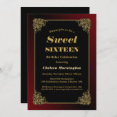 甘い16誕生日パーティブラックレッドと金ゴールドフレーム 招待状 (正面/裏面)