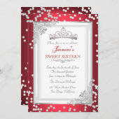 甘い16誕生日パーティレッドシルバーホワイトティアラ 招待状 (正面/裏面)
