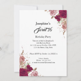 甘い16誕生日パーティレッドピンクローズ 招待状