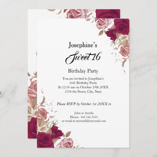 甘い16誕生日パーティレッドピンクローズ 招待状 (正面/裏面)