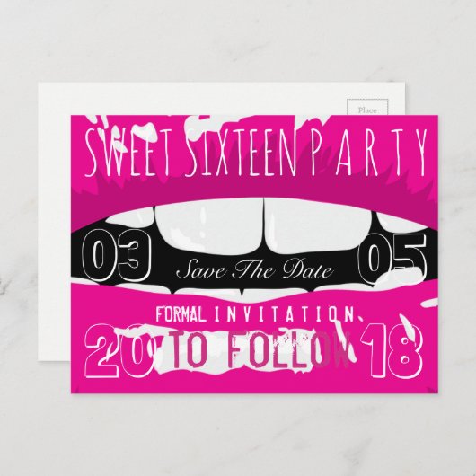 甘い16誕生日パーティーの日付ピンクの唇を保存 案内ポストカード (正面/裏面)