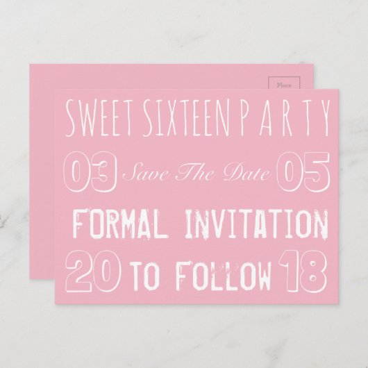 甘い16誕生日パーティーは日付を保存ソフトピンク 案内ポストカード (正面/裏面)