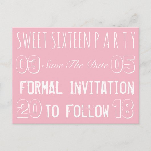 甘い16誕生日パーティーは日付を保存ソフトピンク 案内ポストカード (正面)