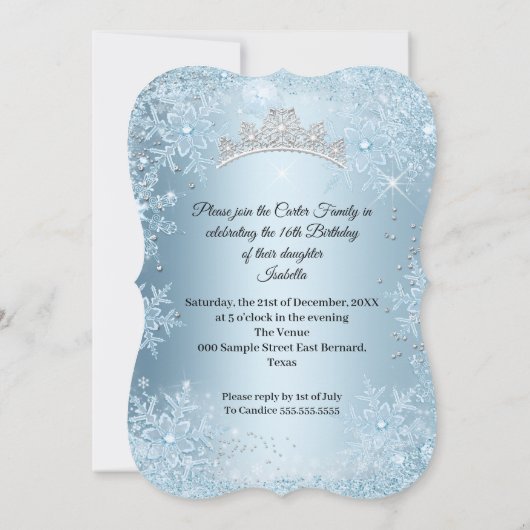甘い16誕生日パーティーアイスブルースノーフレーク冬 招待状 (裏面)