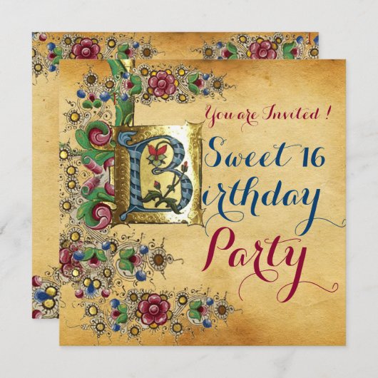 甘い16誕生日パーティーアンティークフローラパーチメント 招待状 (正面/裏面)