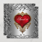 甘い16誕生日パーティーシルバーレッド聞く 招待状 (正面/裏面)