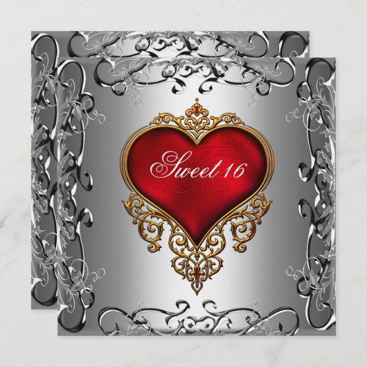 甘い16誕生日パーティーシルバーレッド聞く 招待状 (正面/裏面)